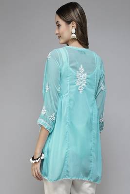 Hand Embroidered Blue Georgette Lucknowi Chikankari Women Short Kurti With Slip 2