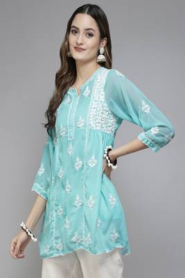 Hand Embroidered Blue Georgette Lucknowi Chikankari Women Short Kurti With Slip 3
