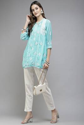 Hand Embroidered Blue Georgette Lucknowi Chikankari Women Short Kurti With Slip 4