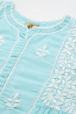 Hand Embroidered Blue Georgette Lucknowi Chikankari Women Short Kurti With Slip 5