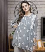 Hand Embroidered Dark Grey Georgette Lucknowi Chikankari Women Short Kurti With Slip