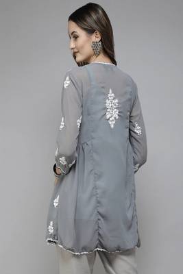 Hand Embroidered Dark Grey Georgette Lucknowi Chikankari Women Short Kurti With Slip 2