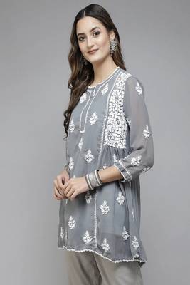 Hand Embroidered Dark Grey Georgette Lucknowi Chikankari Women Short Kurti With Slip 3