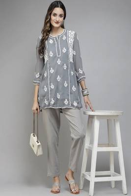 Hand Embroidered Dark Grey Georgette Lucknowi Chikankari Women Short Kurti With Slip 4