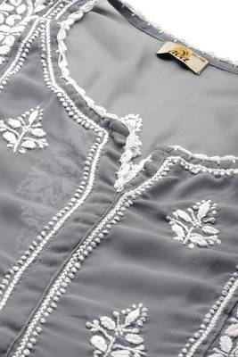 Hand Embroidered Dark Grey Georgette Lucknowi Chikankari Women Short Kurti With Slip 5