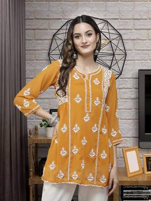Hand Embroidered Mustard Georgette Lucknowi Chikankari Women Short Kurti With Slip 1