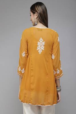 Hand Embroidered Mustard Georgette Lucknowi Chikankari Women Short Kurti With Slip 2
