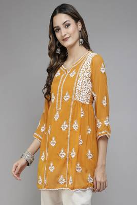 Hand Embroidered Mustard Georgette Lucknowi Chikankari Women Short Kurti With Slip 3