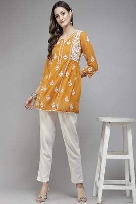 Hand Embroidered Mustard Georgette Lucknowi Chikankari Women Short Kurti With Slip 4