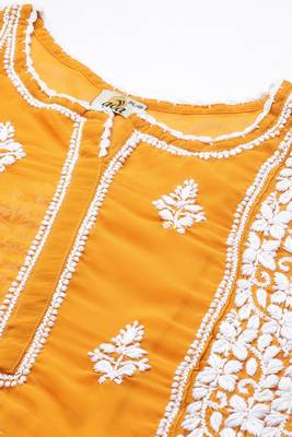 Hand Embroidered Mustard Georgette Lucknowi Chikankari Women Short Kurti With Slip 5