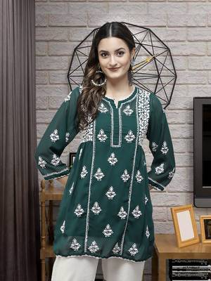 Hand Embroidered Dark Green Georgette Lucknowi Chikankari Women Short Kurti With Slip 1