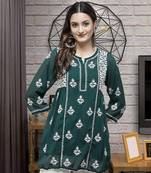 Hand Embroidered Dark Green Georgette Lucknowi Chikankari Women Short Kurti With Slip