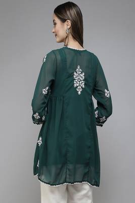 Hand Embroidered Dark Green Georgette Lucknowi Chikankari Women Short Kurti With Slip 2