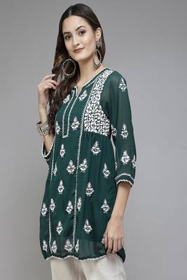 Hand Embroidered Dark Green Georgette Lucknowi Chikankari Women Short Kurti With Slip 3
