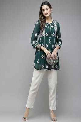 Hand Embroidered Dark Green Georgette Lucknowi Chikankari Women Short Kurti With Slip 4