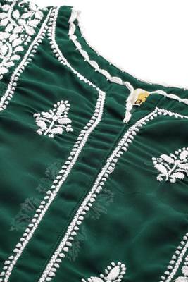 Hand Embroidered Dark Green Georgette Lucknowi Chikankari Women Short Kurti With Slip 5