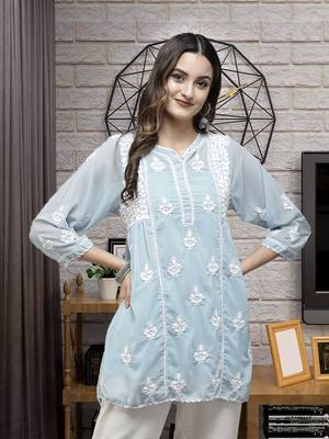 Hand Embroidered Light Blue Georgette Lucknowi Chikankari Women Short Kurti With Slip 1