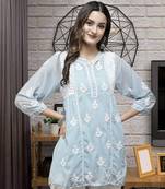 Hand Embroidered Light Blue Georgette Lucknowi Chikankari Women Short Kurti With Slip