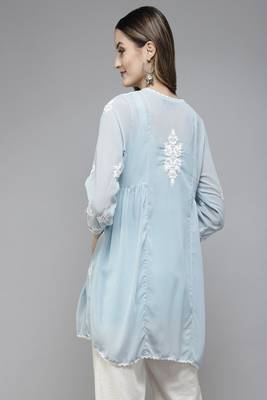 Hand Embroidered Light Blue Georgette Lucknowi Chikankari Women Short Kurti With Slip 2