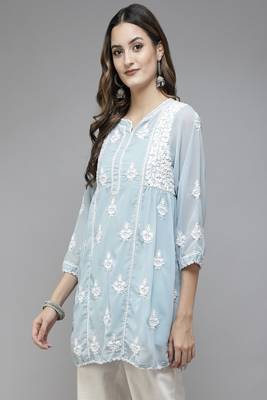Hand Embroidered Light Blue Georgette Lucknowi Chikankari Women Short Kurti With Slip 3