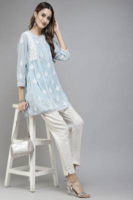 Hand Embroidered Light Blue Georgette Lucknowi Chikankari Women Short Kurti With Slip 4