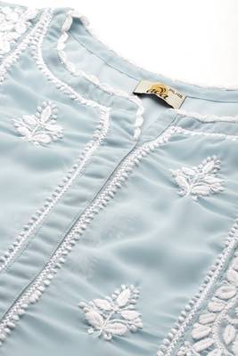 Hand Embroidered Light Blue Georgette Lucknowi Chikankari Women Short Kurti With Slip 5