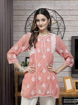 Hand Embroidered Peach Georgette Lucknowi Chikankari Women Short Kurti With Slip 1