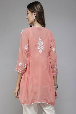 Hand Embroidered Peach Georgette Lucknowi Chikankari Women Short Kurti With Slip 2