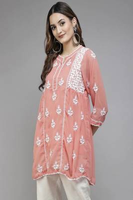 Hand Embroidered Peach Georgette Lucknowi Chikankari Women Short Kurti With Slip 3