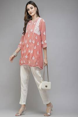 Hand Embroidered Peach Georgette Lucknowi Chikankari Women Short Kurti With Slip 4