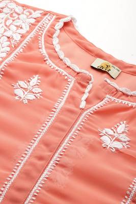 Hand Embroidered Peach Georgette Lucknowi Chikankari Women Short Kurti With Slip 5