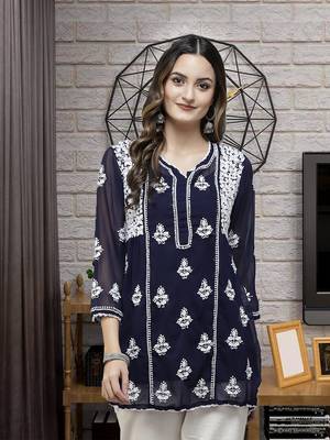 Hand Embroidered Navy Blue Georgette Lucknowi Chikankari Women Short Kurti With Slip 1