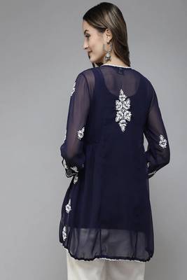 Hand Embroidered Navy Blue Georgette Lucknowi Chikankari Women Short Kurti With Slip 2