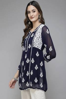 Hand Embroidered Navy Blue Georgette Lucknowi Chikankari Women Short Kurti With Slip 3