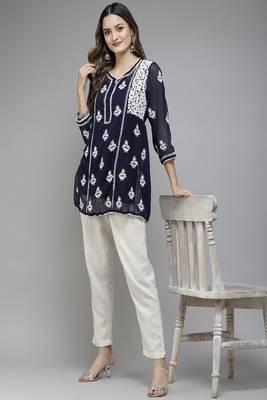 Hand Embroidered Navy Blue Georgette Lucknowi Chikankari Women Short Kurti With Slip 4