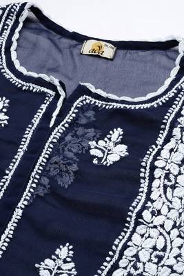 Hand Embroidered Navy Blue Georgette Lucknowi Chikankari Women Short Kurti With Slip 5