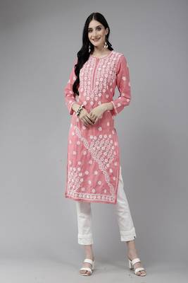 Hand Embroidered Peach Cotton Lucknow Chikankari Women Trendy Kurta 1