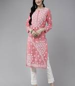 Hand Embroidered Peach Cotton Lucknow Chikankari Women Trendy Kurta