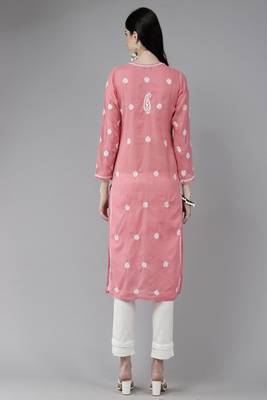 Hand Embroidered Peach Cotton Lucknow Chikankari Women Trendy Kurta 2