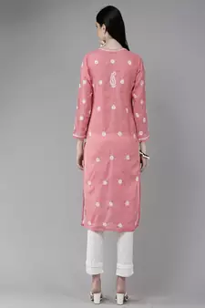 Hand Embroidered Peach Cotton Lucknow Chikankari Women Trendy Kurta
