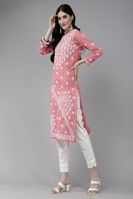 Hand Embroidered Peach Cotton Lucknow Chikankari Women Trendy Kurta 3