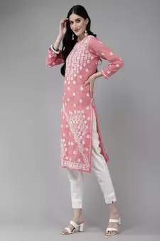 Hand Embroidered Peach Cotton Lucknow Chikankari Women Trendy Kurta