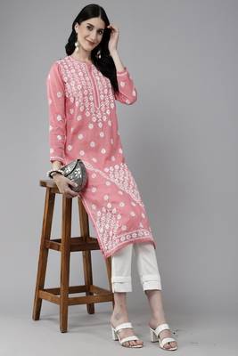 Hand Embroidered Peach Cotton Lucknow Chikankari Women Trendy Kurta 4