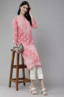 Hand Embroidered Peach Cotton Lucknow Chikankari Women Trendy Kurta