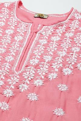 Hand Embroidered Peach Cotton Lucknow Chikankari Women Trendy Kurta 5