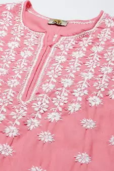 Hand Embroidered Peach Cotton Lucknow Chikankari Women Trendy Kurta