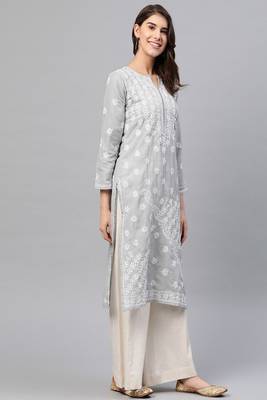 Hand Embroidered Grey Cotton Lucknow Chikankari Women Kurta 1