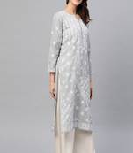 Hand Embroidered Grey Cotton Lucknow Chikankari Women Kurta
