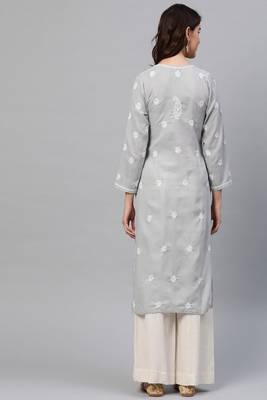 Hand Embroidered Grey Cotton Lucknow Chikankari Women Kurta 2