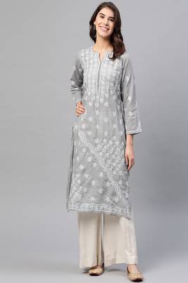 Hand Embroidered Grey Cotton Lucknow Chikankari Women Kurta 3